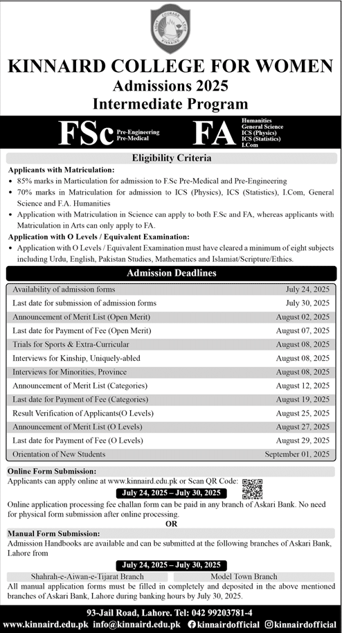 Admission Open in Kinnaird College for Women Lahore